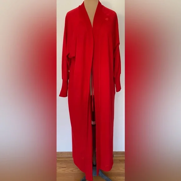 Vintage Red Wool Fur Belt 70s Bathrobe *Small* LILY Of FRANCE Raglan Sleeve Knit